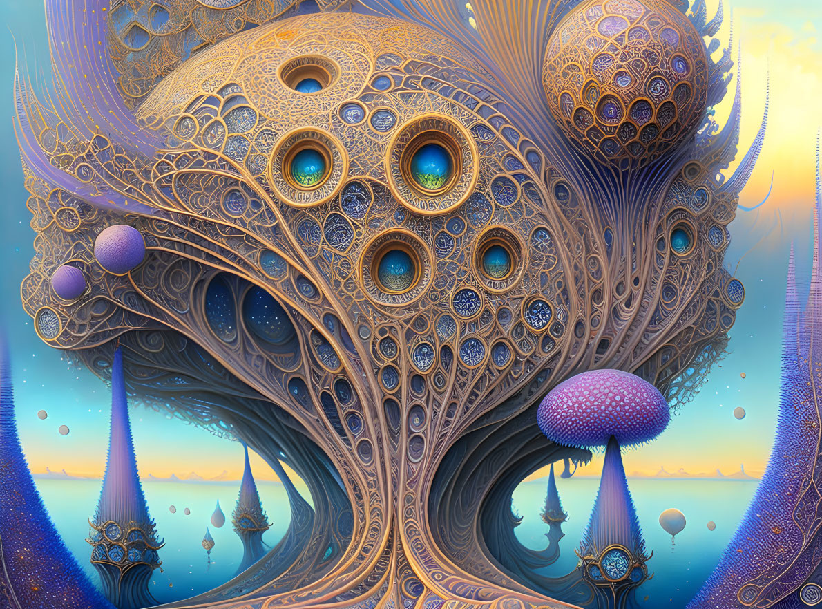 Fractal-Like Landscape with Ornate Tree Structures and Floating Spheres