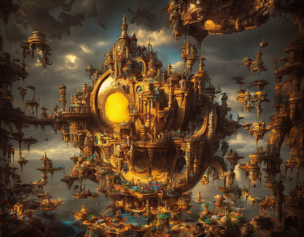 Fantasy city with glowing orb, ornate towers, and airships at sunset