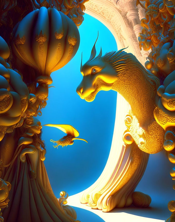 Golden dragon sculpture and mythical bird in mystical blue realm