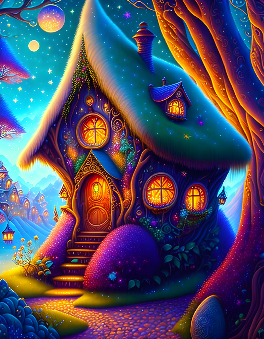 Fantasy treehouse illustration in enchanted forest at night