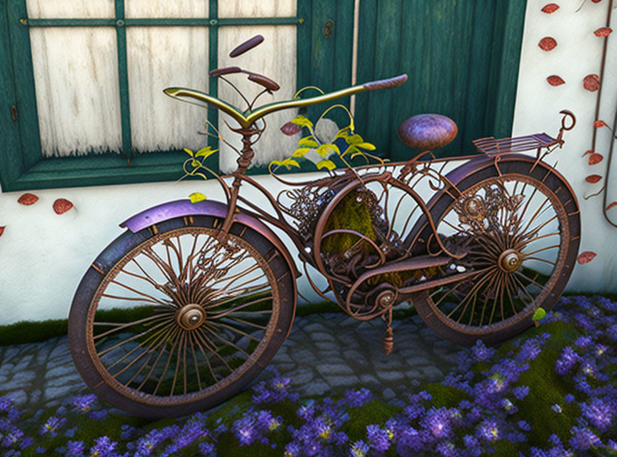 Rusty bicycle with plants baskets near white wall and purple flowers