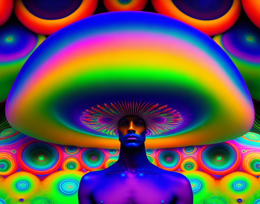 Vibrant digital artwork: person with rainbow mushroom cap