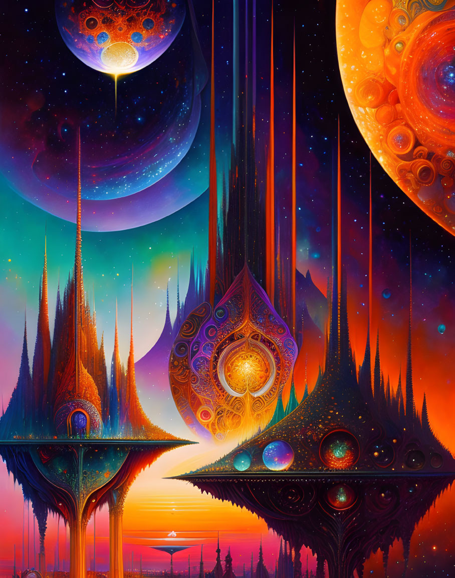 Surreal artwork with spire-like structures under cosmic sky