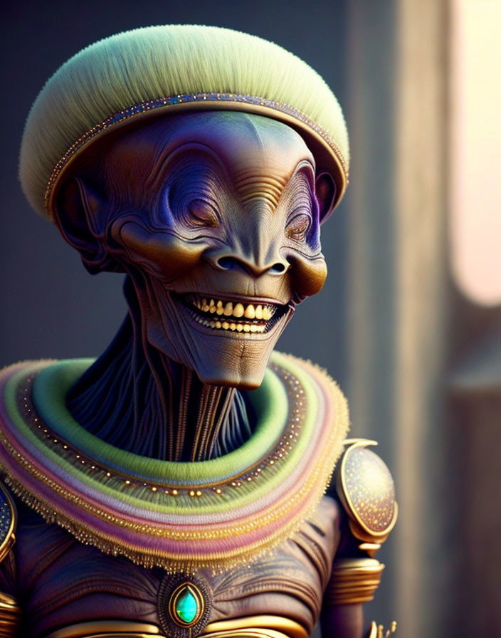 Futuristic Alien Figure with Iridescent Skin and Collar