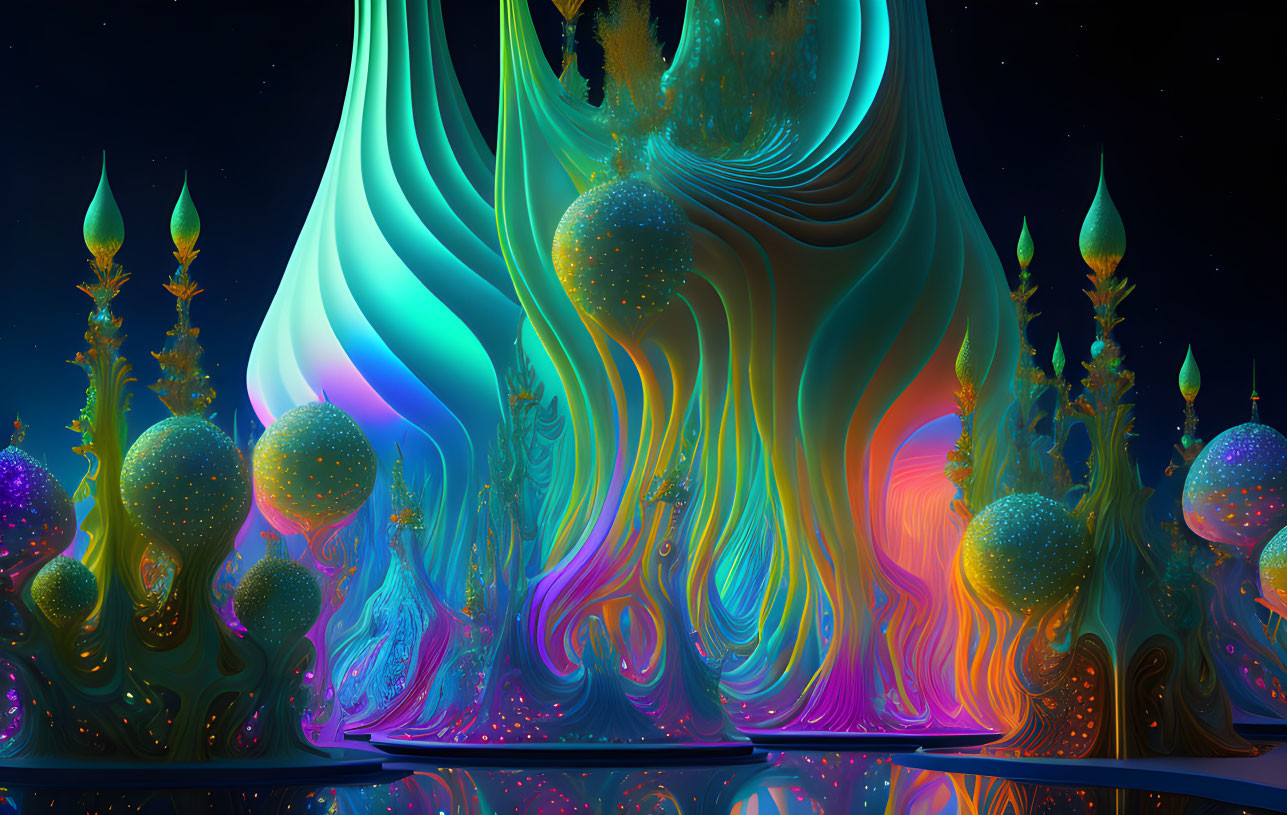 Colorful digital artwork: Psychedelic structures on starry night sky