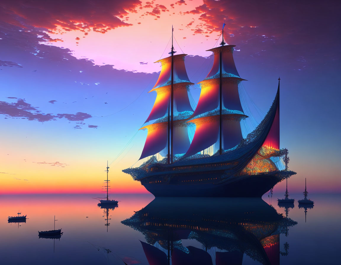 Colorful tall ship sailing on tranquil sea at sunset