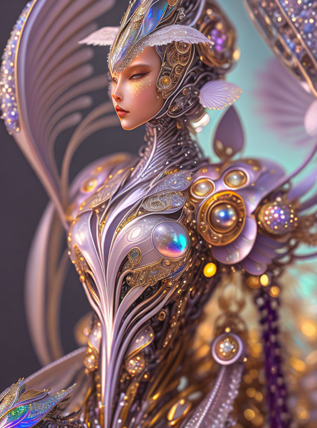 Digital artwork of character with metallic armor and ornate wings in purple and gold hues