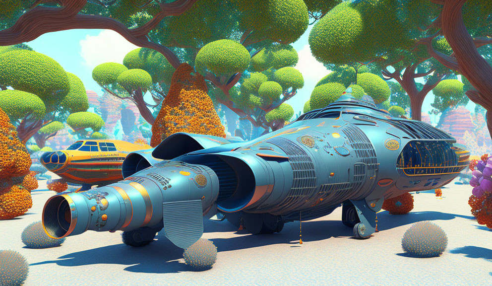 Vibrant alien forest with colorful spaceship in futuristic sci-fi landscape