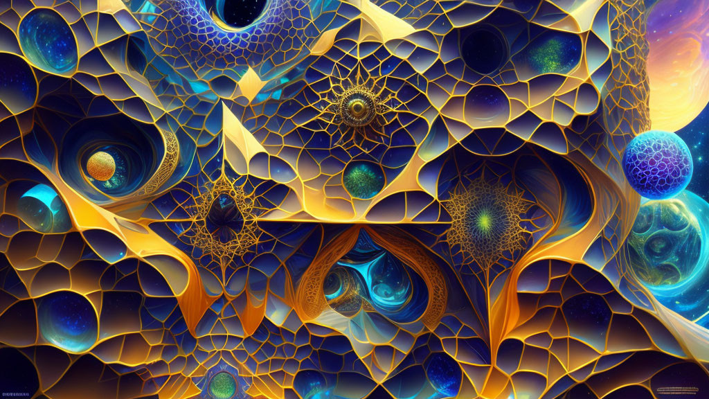 Colorful digital artwork: intricate honeycomb patterns with celestial sphere elements