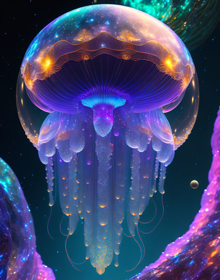 Ethereal jellyfish with translucent tentacles in cosmic setting
