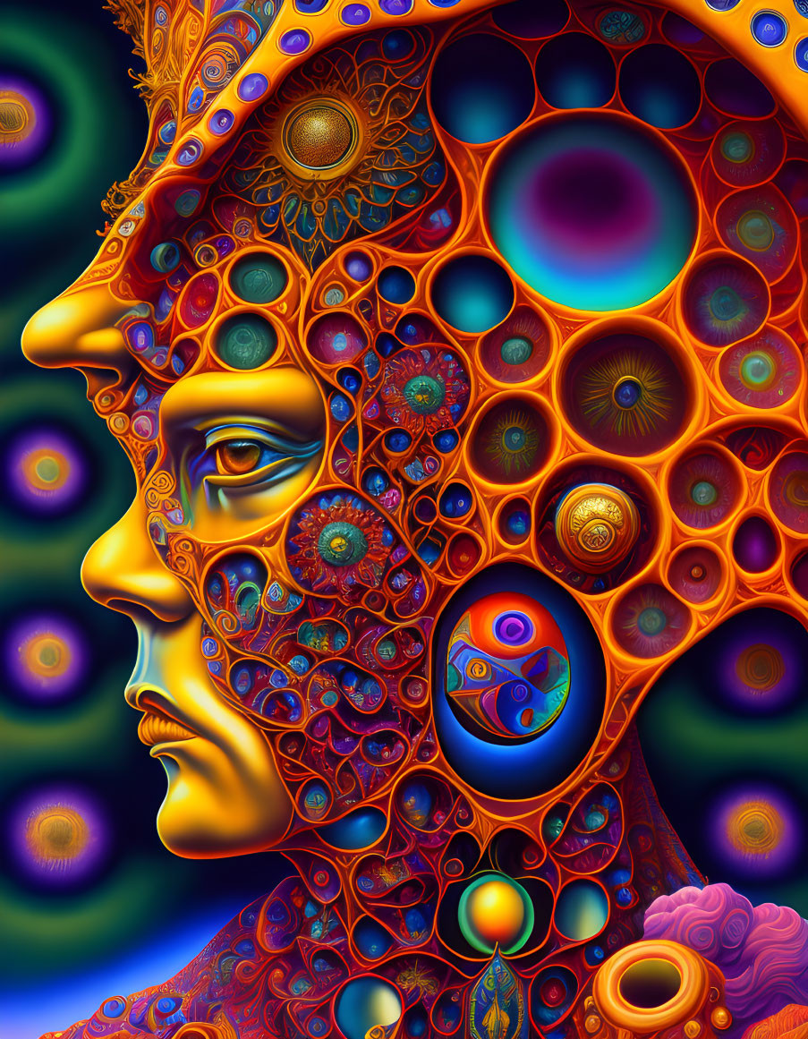 Colorful psychedelic portrait with intricate patterns and vibrant hues