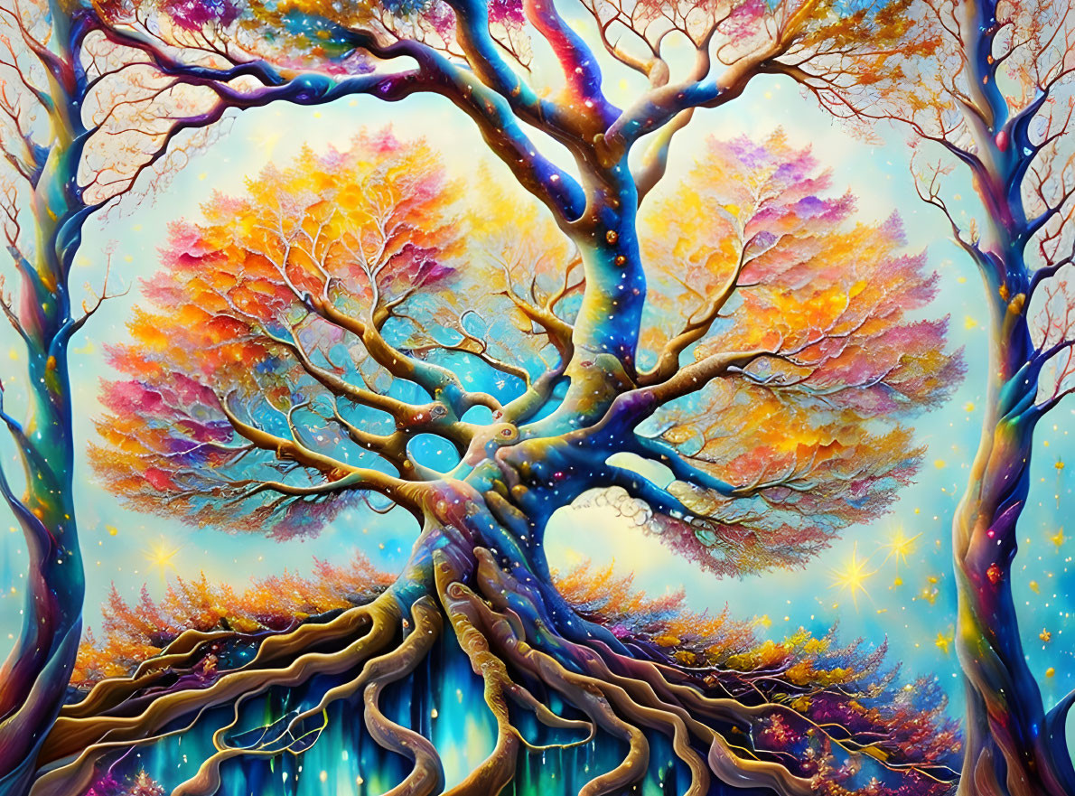 Colorful fantasy tree painting in mystical starlit setting