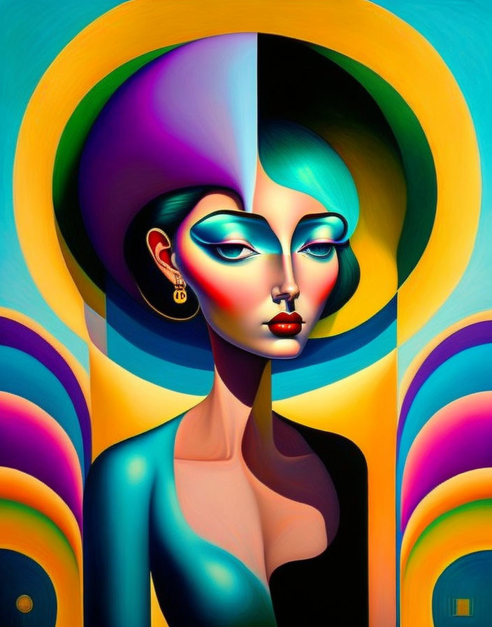 Colorful Stylized Woman Art with Abstract Background in Blue, Yellow, and Orange