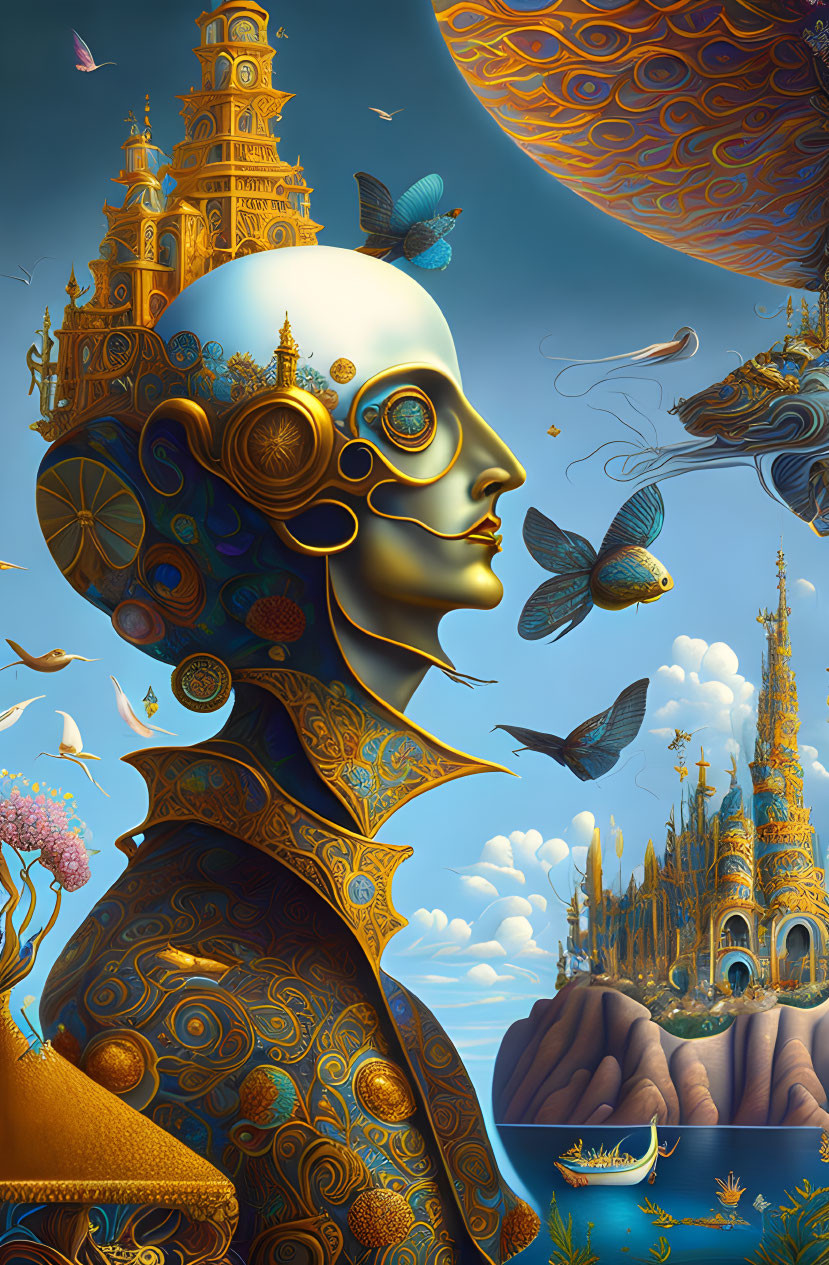 Surreal humanoid figure with golden patterns in dreamlike seascape