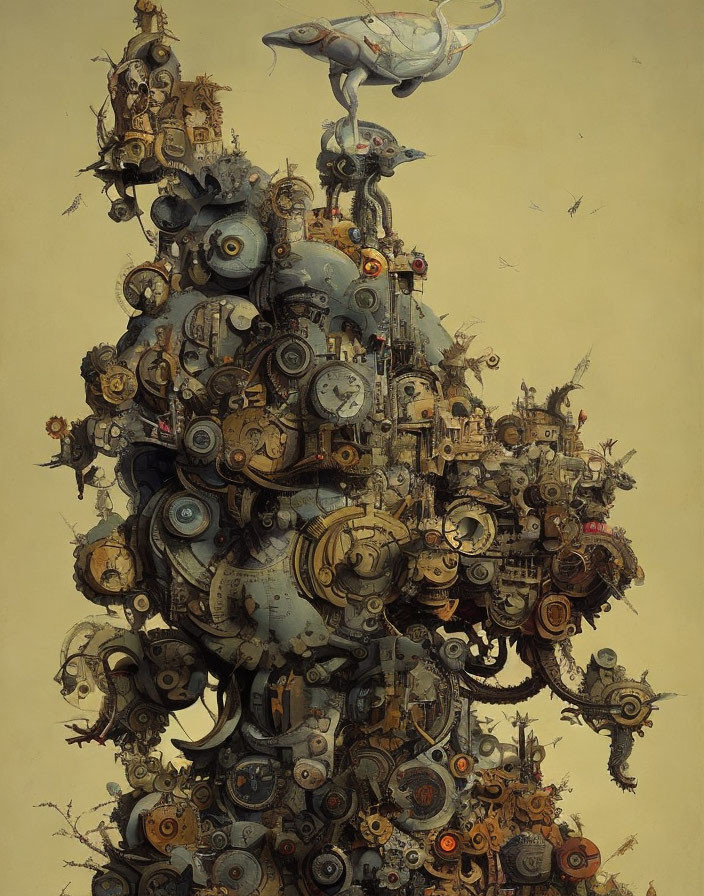 Intricate mechanical parts form towering humanoid figure