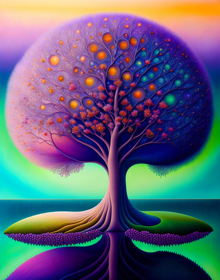 Colorful Psychedelic Tree Illustration on Gradient Background