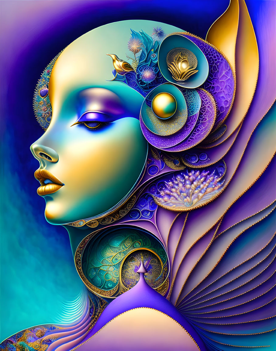 Colorful digital artwork: Stylized woman profile with intricate patterns & peacock motif