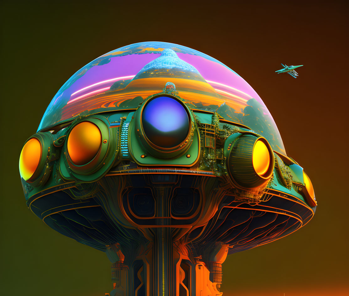 Futuristic tower with spherical elements and dome against orange sky with plane