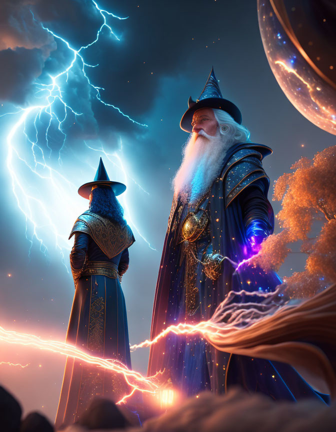 Two wizards under night sky with lightning and large planet - magical scene