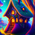 Fantasy treehouse illustration in enchanted forest at night