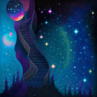 Stylized female faces in profile against cosmic backdrop with vibrant blue and purple hues