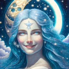 Smiling woman with starry blue hair in cosmic scene