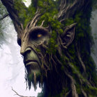 Tree with human-like face covered in moss: Nature-themed mystical art