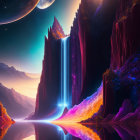 Surreal cosmic scene with golden structures and celestial bodies