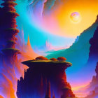 Colorful sci-fi landscape with towering spires, alien flora, and multiple moons.