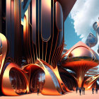 Orange organic-shaped buildings in futuristic cityscape under blue sky