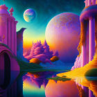 Fantastical alien landscape with luminous orbs and vivid reflections