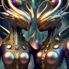 Symmetrical ornate robotic figures with intricate golden headpieces and armor