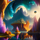 Fantastical landscape with floating islands, pink trees, starry sky, planets, mountains, and