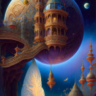 Intricate fantasy castle with ornate spires on purple planet under starry sky