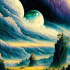 Fantastical landscape with spire-like trees and multiple moons in the sky