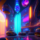 Futuristic cityscape with neon lights and floating planets