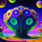 Colorful alien landscape with mushroom-like structure under purple sky