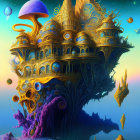 Ornate golden castle on fantastical creature in psychedelic setting