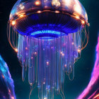 Futuristic floating city with dome structure and blue lights on cosmic backdrop