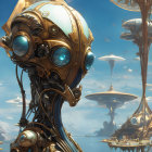 Steampunk universe with ornate structures, airships, and celestial bodies