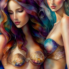 Vivid illustration of ethereal women with flowing hair and golden patterns