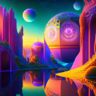 Futuristic cityscape with neon colors, spherical buildings, and hot air balloon at dusk