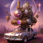 Retro-futuristic steampunk car under moon with floating lanterns and ships