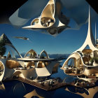 Organic floating architecture with terraces and plants against mountainous backdrop