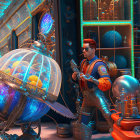 Colorful robotic figures with human-like features in futuristic setting engaging.