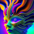 Colorful digital artwork: surreal figure with patterned headpiece in cosmic setting