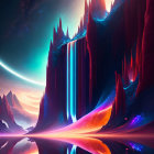 Vibrant digital artwork of fantastical landscape with glowing waterfall