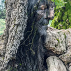 Elderly man with moss-covered beard blending into forest scenery