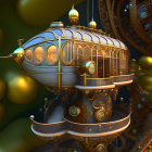 Detailed Steampunk-Style Submarine Illustration with Golden Accents