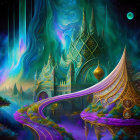 Vibrant digital artwork of ethereal cityscape in cosmic setting